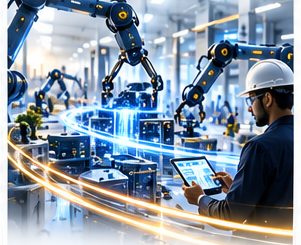 Robotic arms on a production line, with an engineer supervising from a tablet.