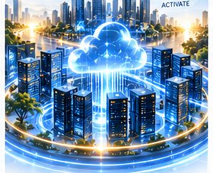 A connected cityscape of data centres joined into a single cloud.