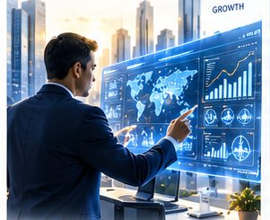 An analyst reading a wall of operational dashboards above a city skyline.