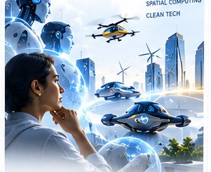 A researcher considering autonomous craft and robotics against a city horizon.