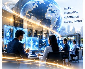 A capability centre team working across screens beneath a globe, labelled talent, innovation, automation and global impact.
