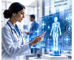 A clinician reviewing a patient's connected record on a large clinical display.