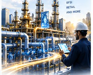 An industrial plant with an engineer checking domain models on a tablet.