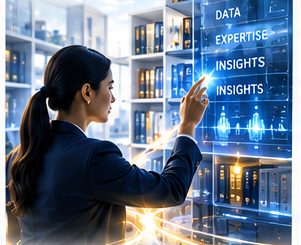 A researcher drawing documents, data and expertise from shelves into a single panel of insights.